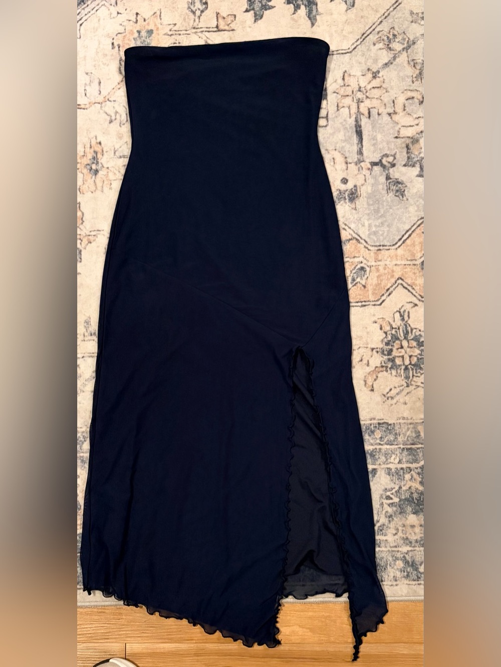 UO Samara Mesh Strapless Midi Dress in Dark Blue